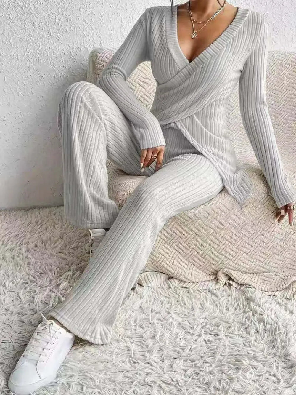 Surplice Long Sleeve Top and Pants Set