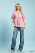 Umgee Textured Jacquard Contrast Trim Top