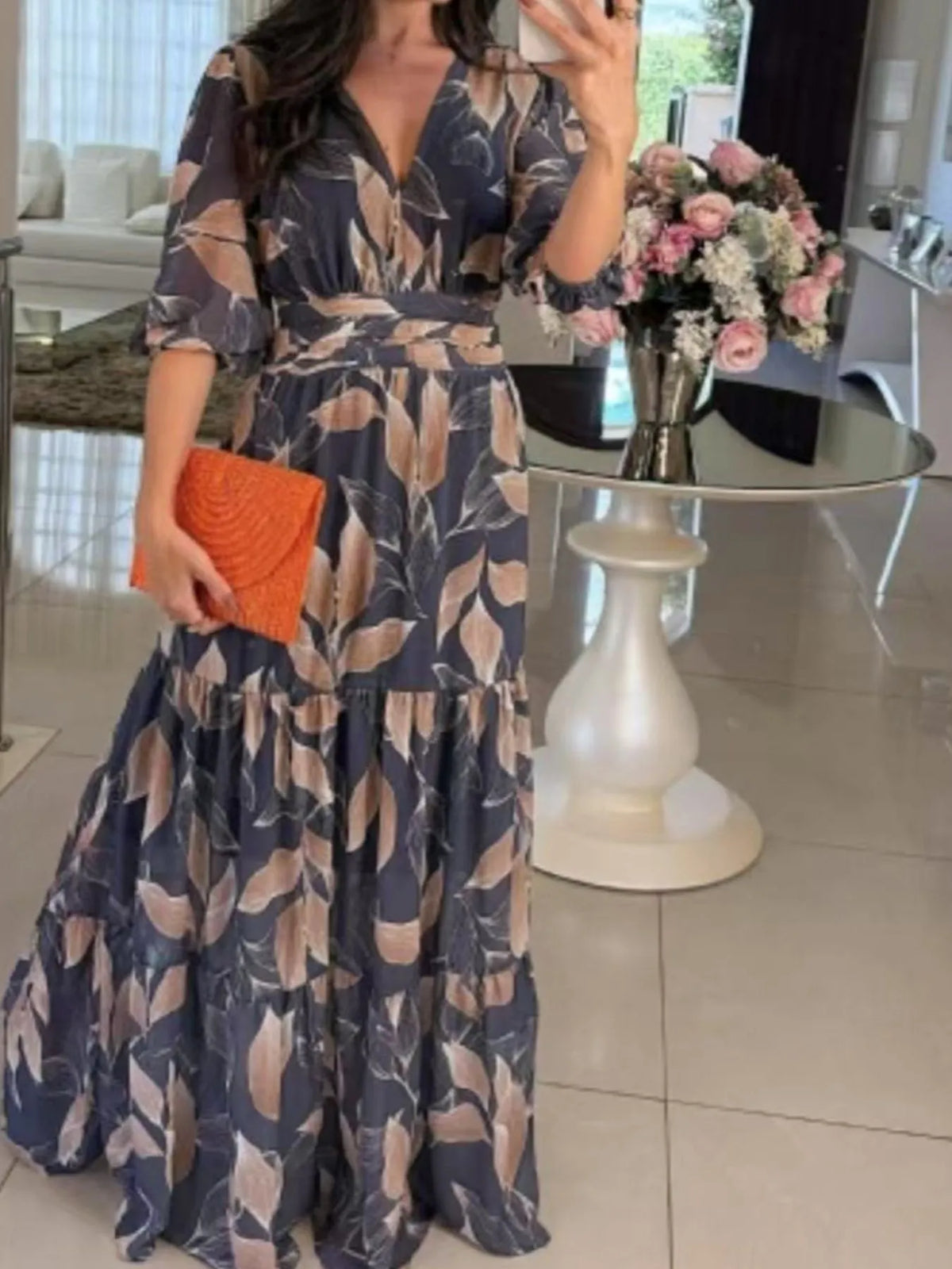 Full Size Printed V-Neck Maxi Dress with Tiered Hemline Plus Size - Ladyez