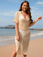 Slit Openwork Johnny Collar Short Sleeve Cover-Up - Ladyez