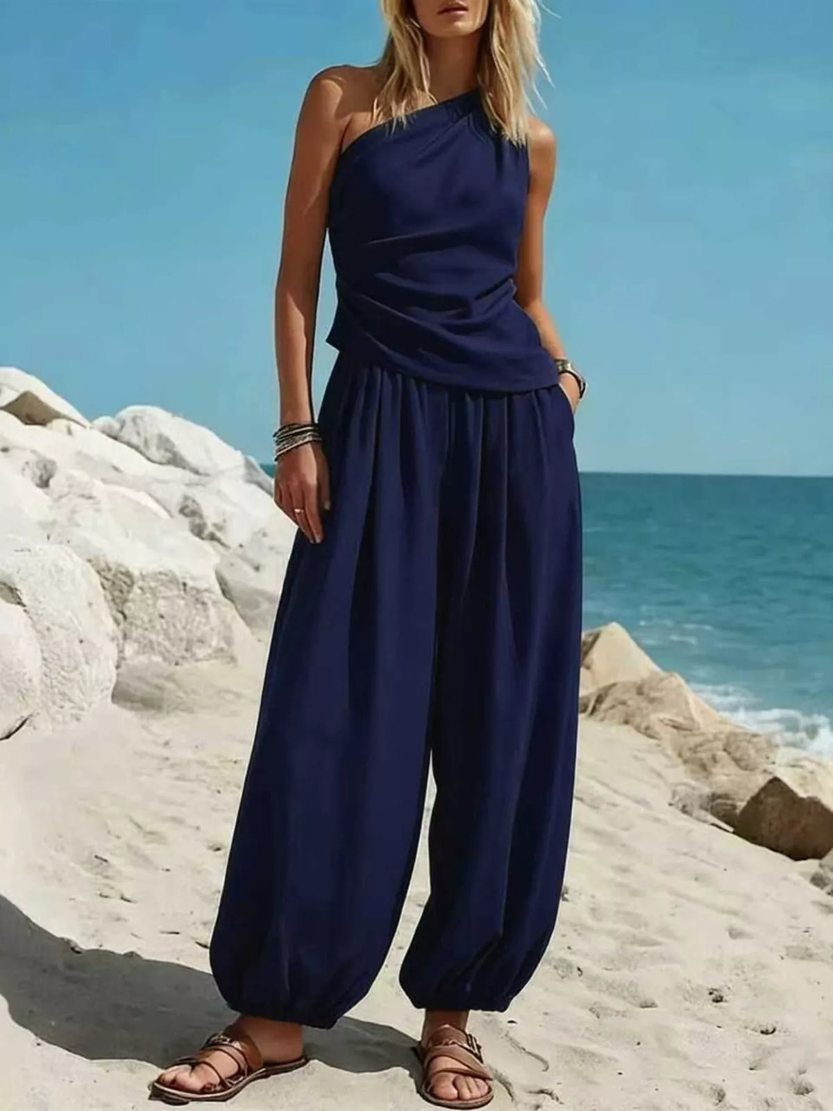 Full Size One-Shoulder Top and Wide-Leg Pants Set Plus Size
