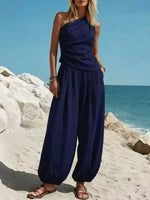 Full Size One-Shoulder Top and Wide-Leg Pants Set Plus Size