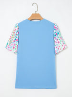 Round Neck Textured Contrast Floral Bubble Sleeve Blouse