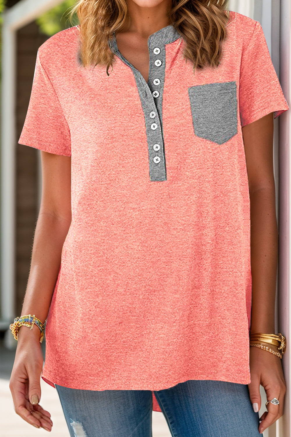 Full Size Half Button Short Sleeve T-Shirt - Ladyez