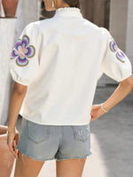 Floral Print Notched Puff Sleeve Blouse - Ladyez