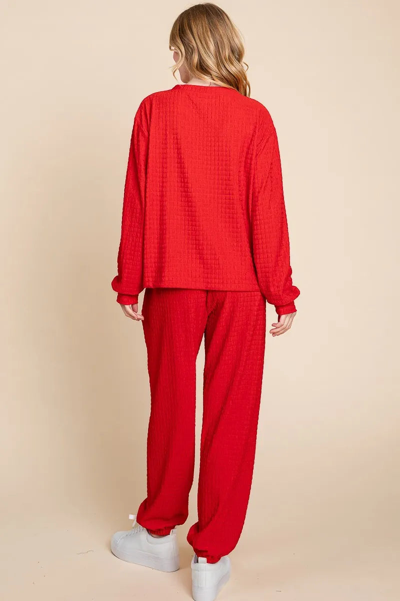 Super Lady Full Size Crinkle Check Round Neck Top and Pants Lounge Set - Ladyez