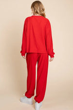 Super Lady Full Size Crinkle Check Round Neck Top and Pants Lounge Set - Ladyez