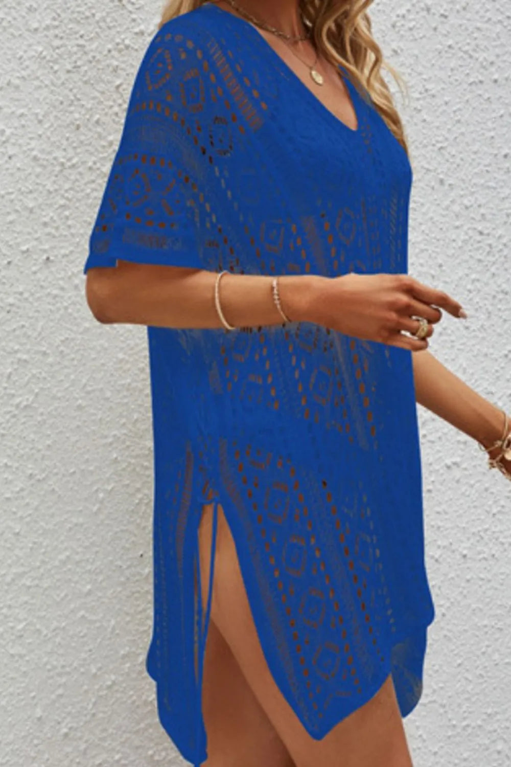 Openwork V-Neck Short Sleeve Cover Up - Ladyez