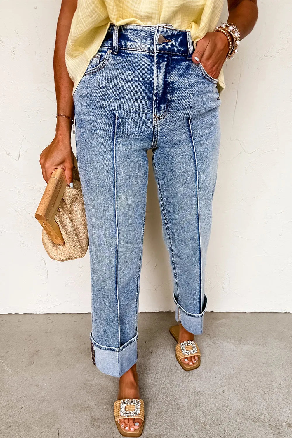 High-Waisted Wide-Leg Cuffed Jeans - Ladyez