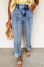 High-Waisted Wide-Leg Cuffed Jeans - Ladyez