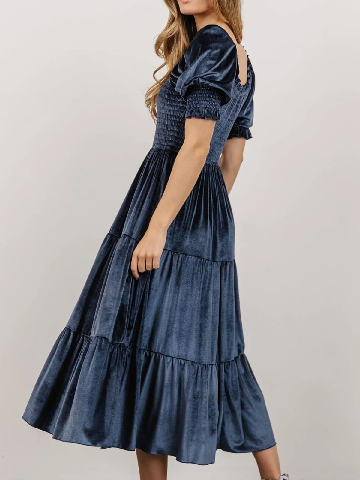 Smocked Half Sleeve Tiered Midi Dress - Ladyez
