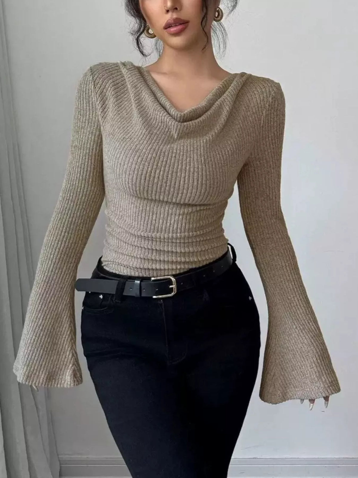 Cowl Neck Flare Sleeve Top