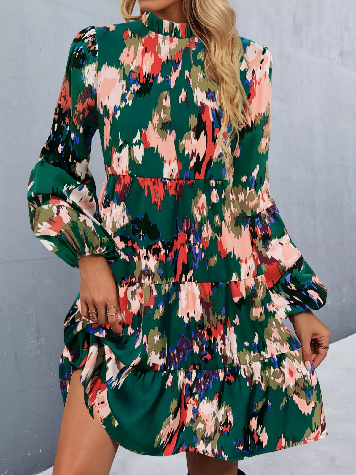 Printed Balloon Sleeve Mini Dress