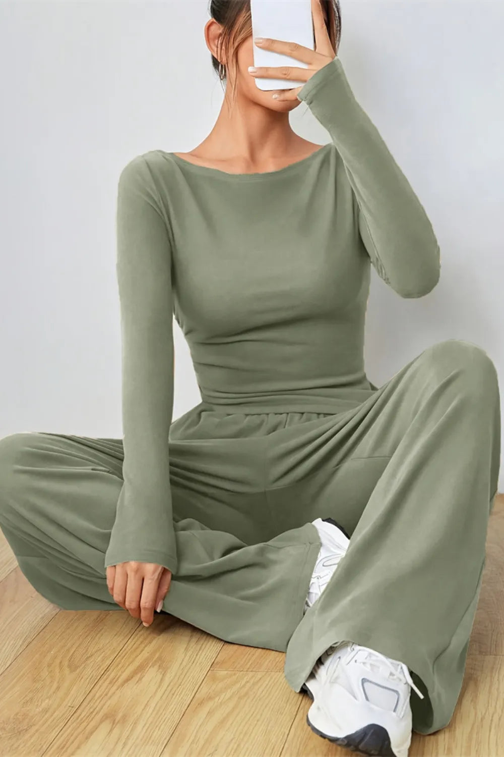 Boat Neck Long Sleeve Top and Pants Set