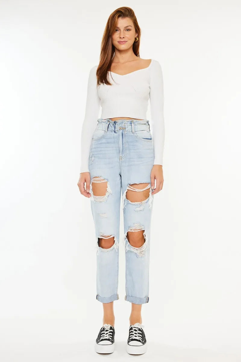 Kancan Open Pack Paperbag Mom Jeans - Ladyez