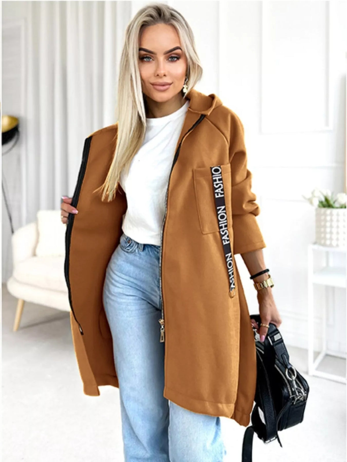 Full Size Zip Up Longline Hooded Outerwear Plus Size