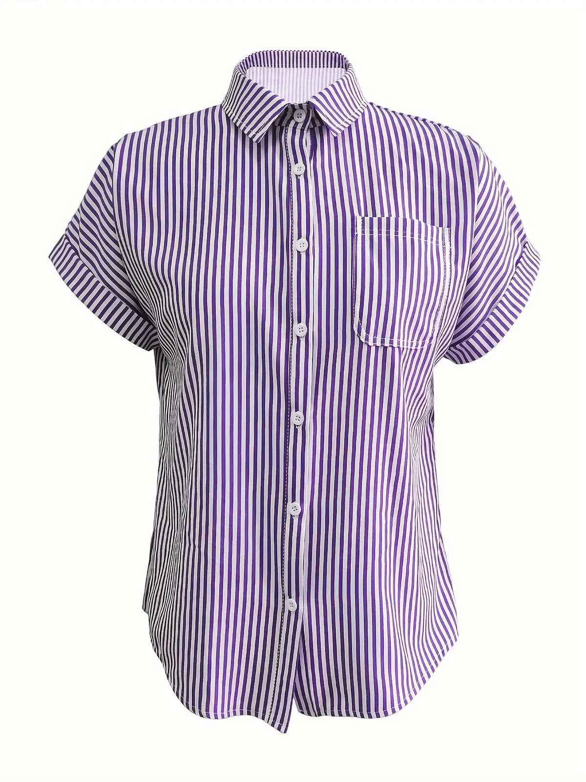 Full Size Striped Button-Up Casual Shirt with Pocket Plus Size - Ladyez