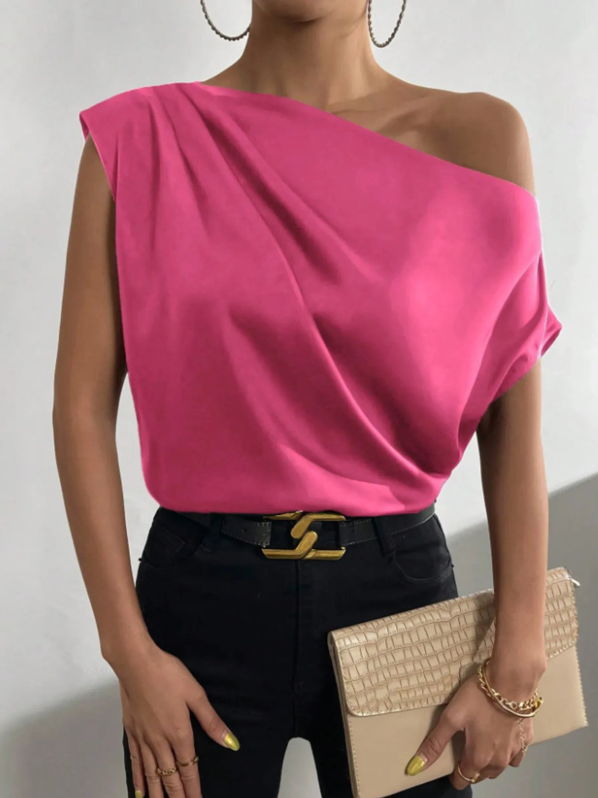 Asymmetrica One-Shoulder Draped Blouse - Ladyez