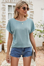Full Size Round Neck Eyelet Short Sleeve Top