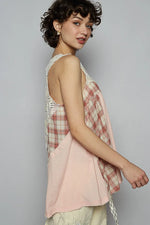 POL Crochet Lace Plaid Panel Detail Tank - Ladyez