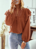 Swiss Dot Ruffled Long Sleeve Blouse