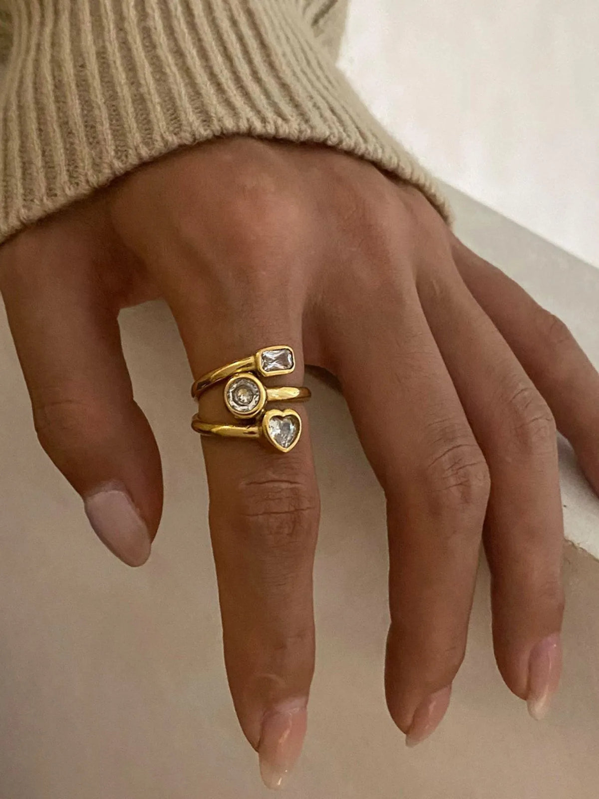 18K Gold-Plated Stainless Steel Geometric Inlaid Zircon Ring - Ladyez