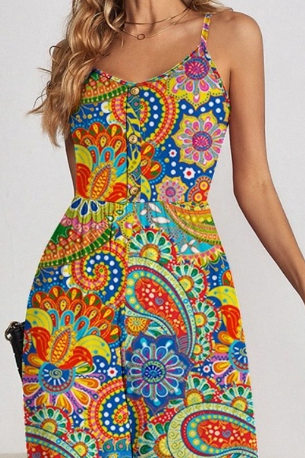 FAM-FAM Decorative Button Spaghetti Strap Wide Leg Jumpsuit - Ladyez