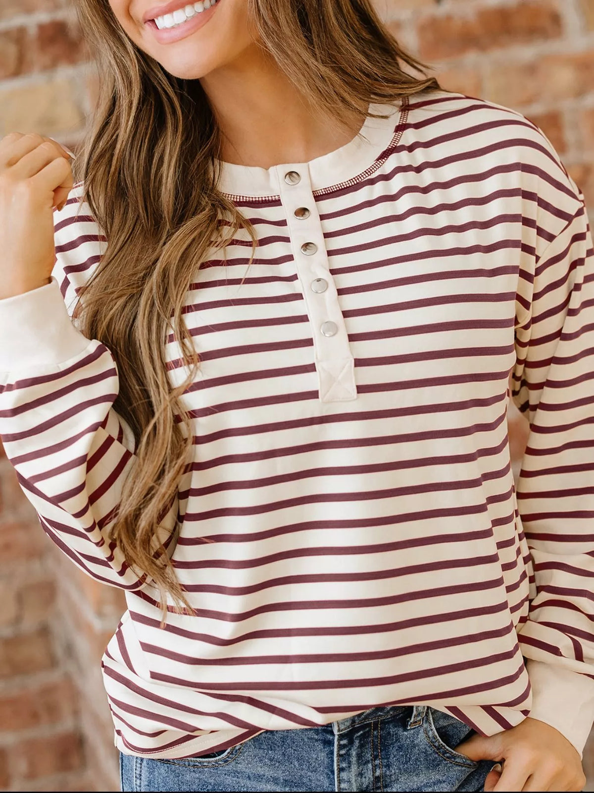 Striped Drop Shoulder Long Sleeve Henley Top
