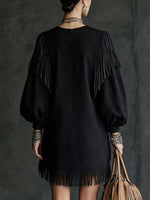 Fringe Detail Lantern Sleeve Mini Dress