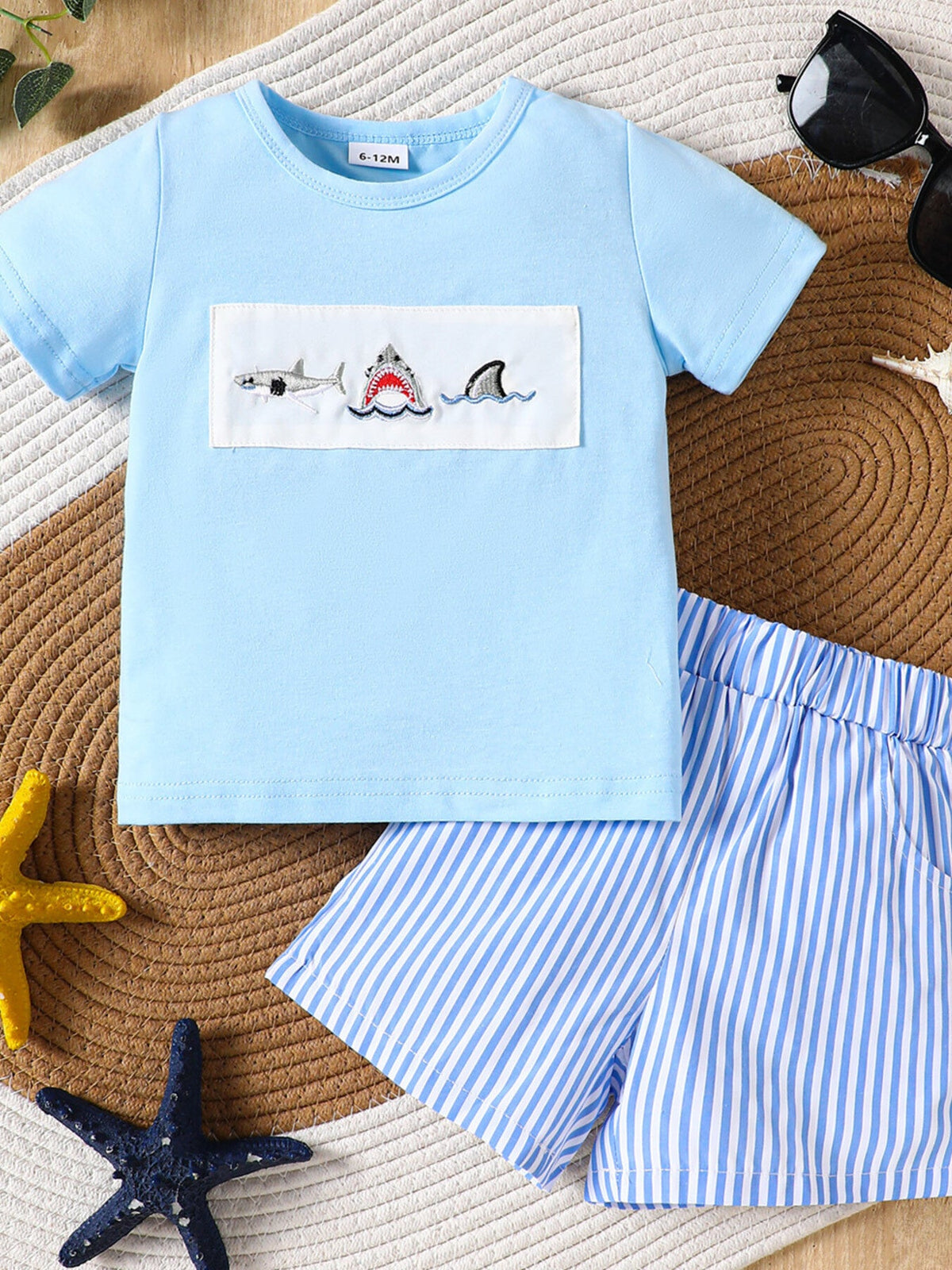 Children's Shark Embroidered T-shirt and Striped Shorts Set