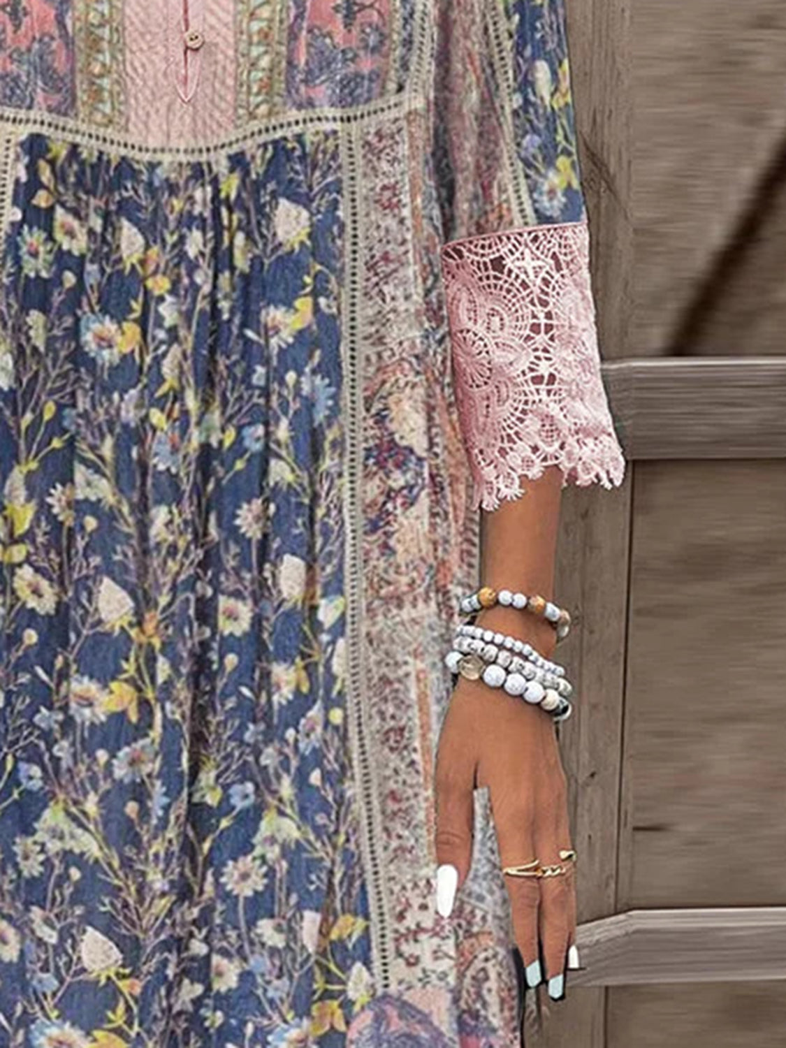 Full Size Lace Detail Printed Three-Quarter Sleeve Dress - Ladyez