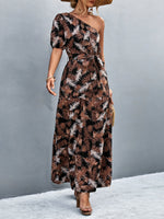 Printed Tie Waist One Shoulder Maxi Dress - Ladyez
