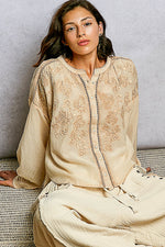 POL Embroidery Button Down Long Sleeve Washed Shirt
