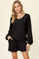 Double Take Full Size Texture V-Neck Long Sleeve T-Shirt and Shorts Set