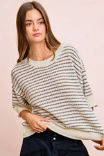 BiBi Stripes Short Sleeves Rib Banded Outseam Knit Top