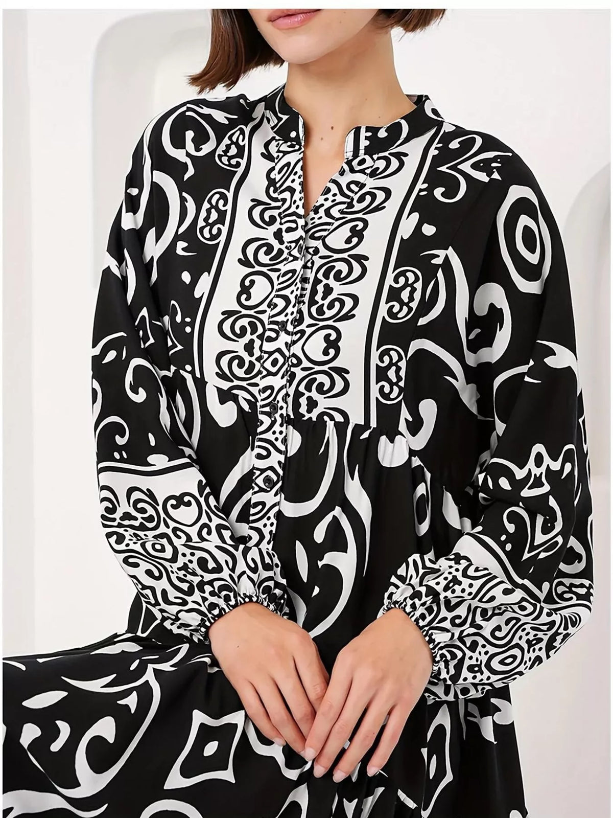 Printed Notched Balloon Sleeve Maxi Dress