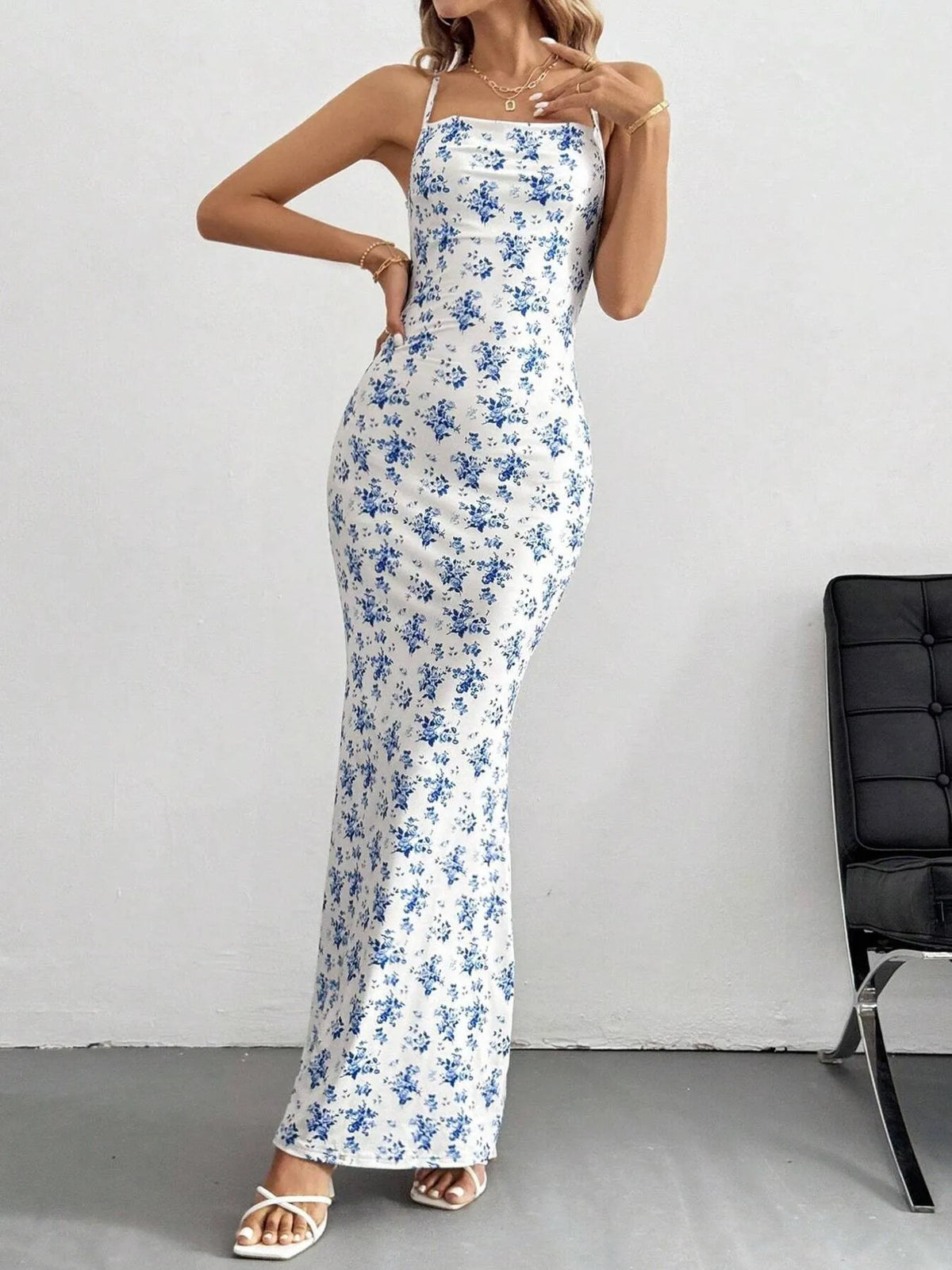 Crisscross Back Floral Print Bodycon Maxi Dress - Ladyez