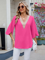 V-Neck Lace Trim Blouse - Ladyez
