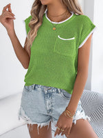Contrast Trim Round Neck Cap Sleeve Sweater