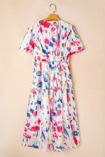 Abstract Print Short Puff Sleeve Tiered Maxi Dress
