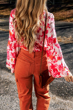 Floral Flare Sleeve Button Up V-Neck Bodysuit - Ladyez