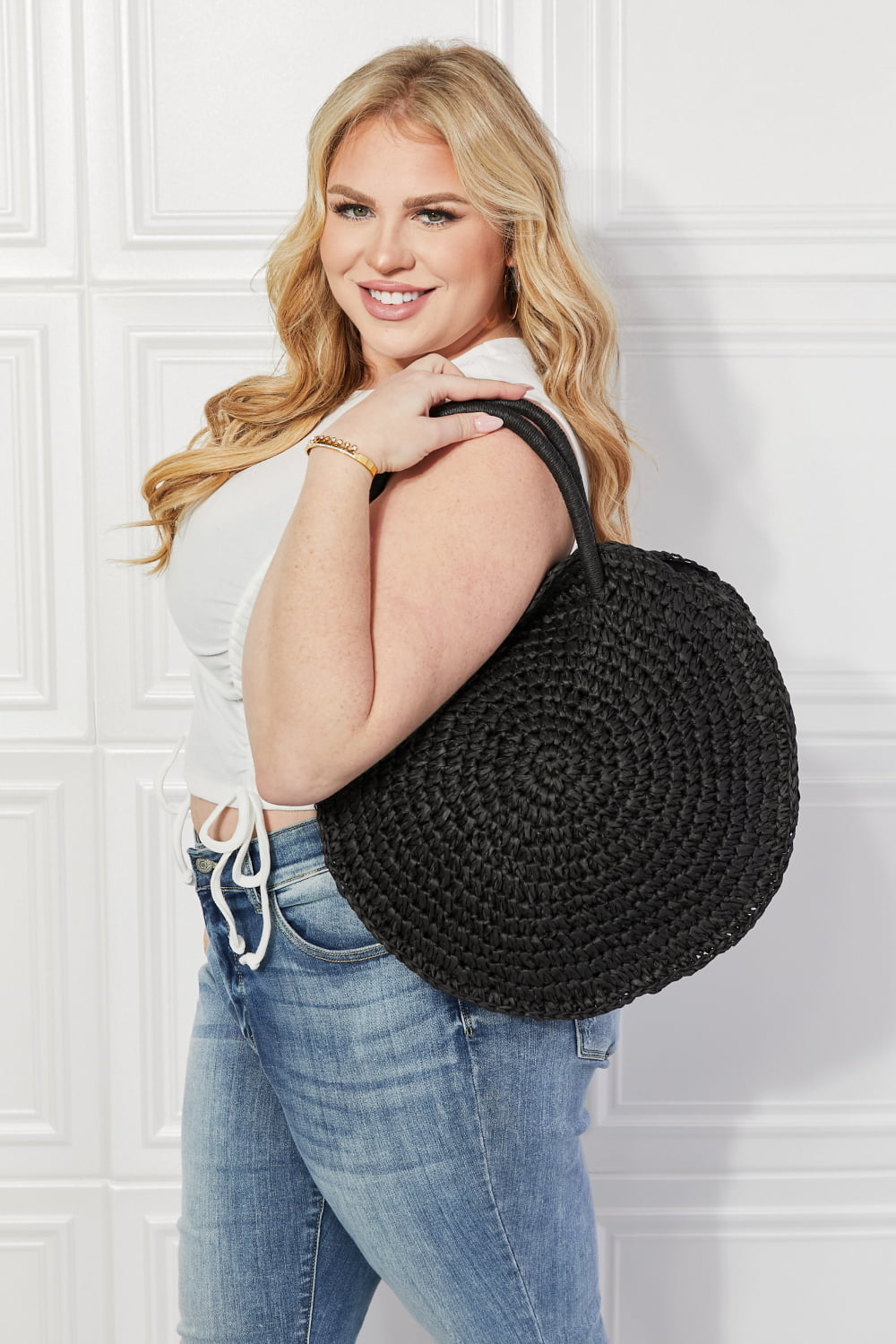 Justin Taylor Beach Date Straw Rattan Handbag in Black - Ladyez