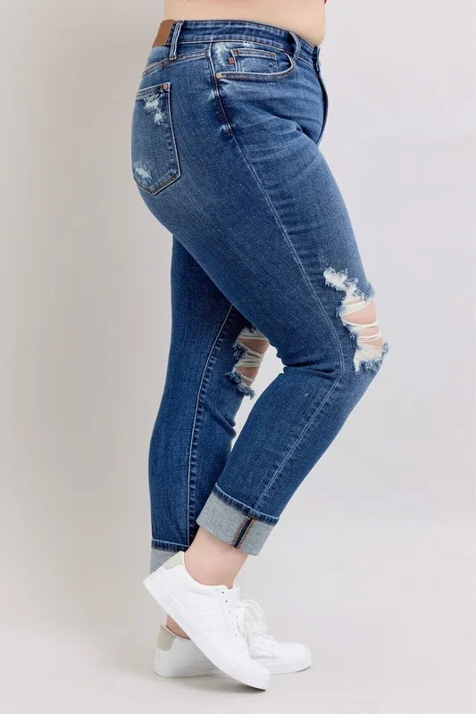 Judy Blue Full Size Mid Rise Boyfriend destroy Jeans with Yoke Pockets and Faux Selvedge Cuff Plus Size - Ladyez