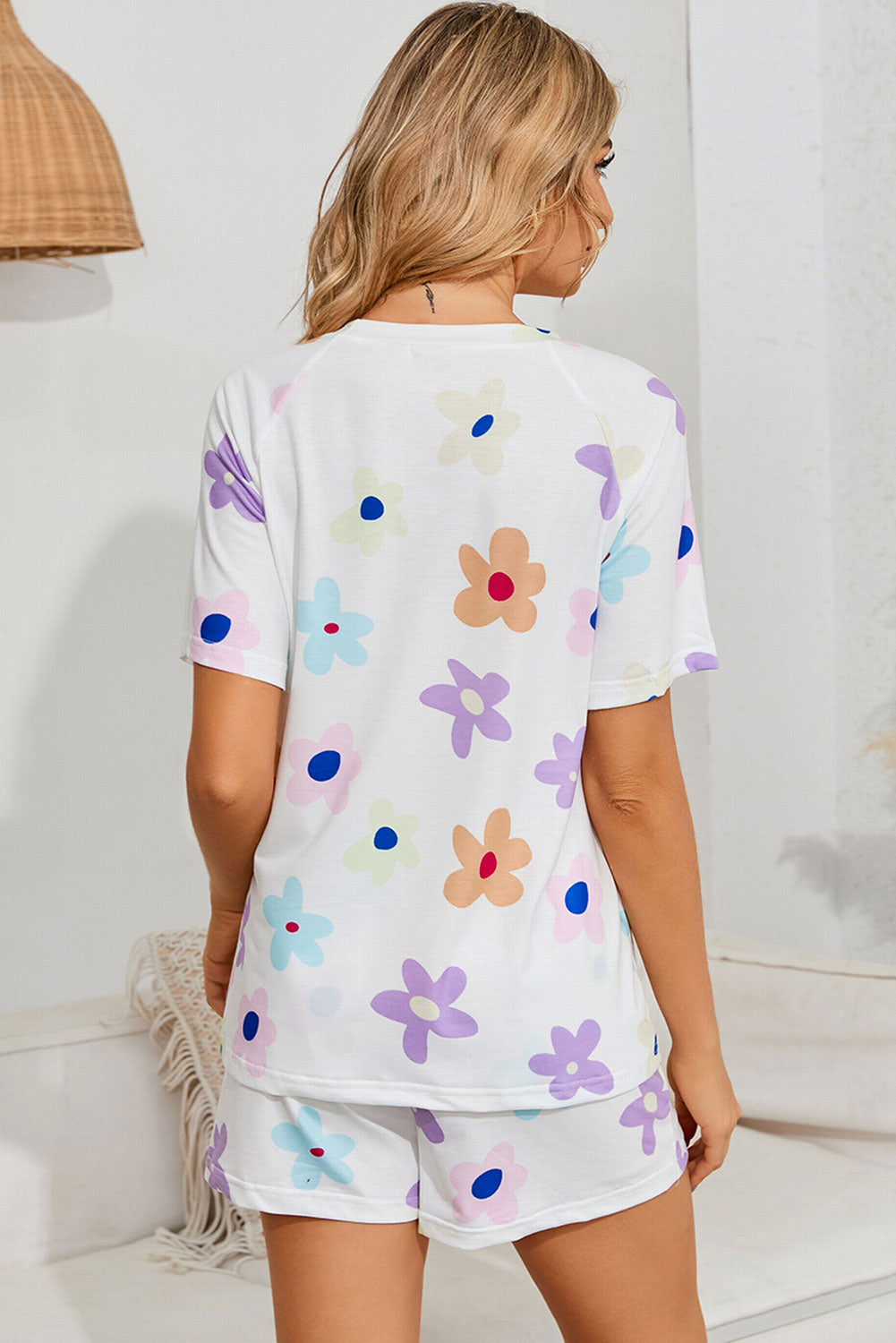 Floral Round Neck Raglan Sleeve Top and Shorts Lounge Set - Ladyez