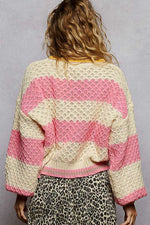 POL Contrast Striped Round Neck Sweater with Textured Cable Knit Pattern