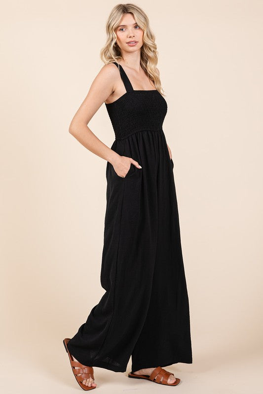 Mittoshop Smocked Wide Strap Wide Leg Overalls - Ladyez