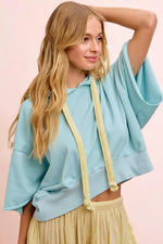 BiBi Washed Terry Short Sleeve Drawstring Hoodie Top