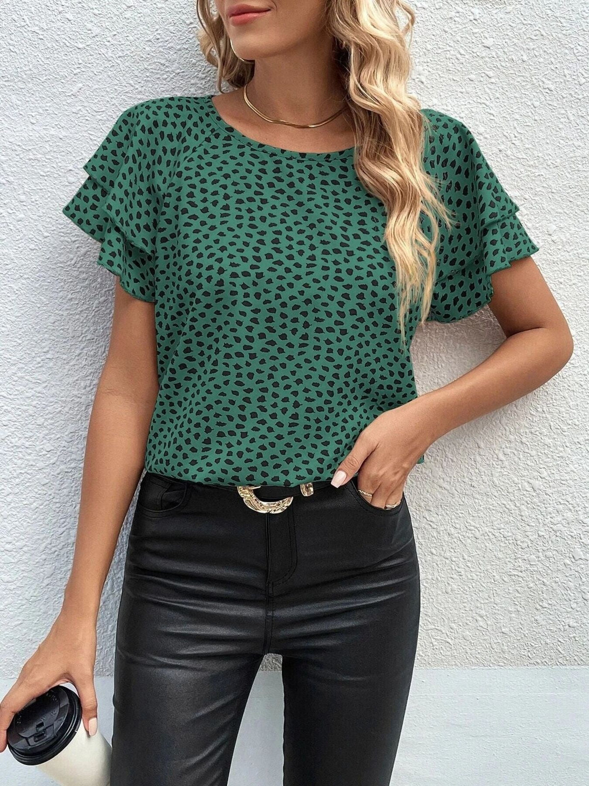 Animal Print Ruffle Sleeve Blouse