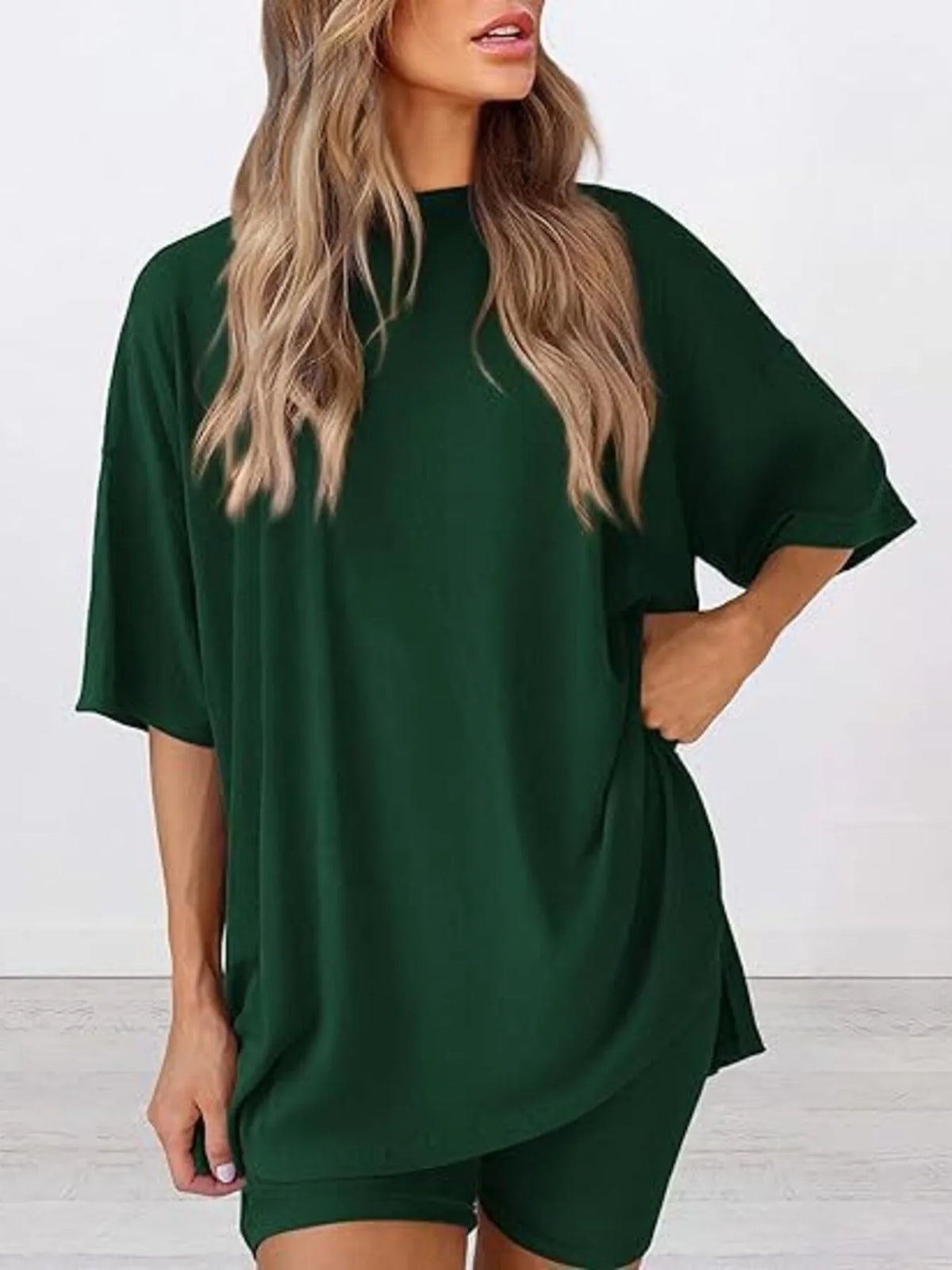 Full Size Oversized Slit Round Neck Top and Shorts Lounge Set Plus Size - Ladyez
