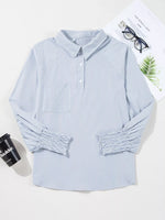 Pinstripe Long Sleeve Smocked Cuffs Button Shirt Collar Blouse